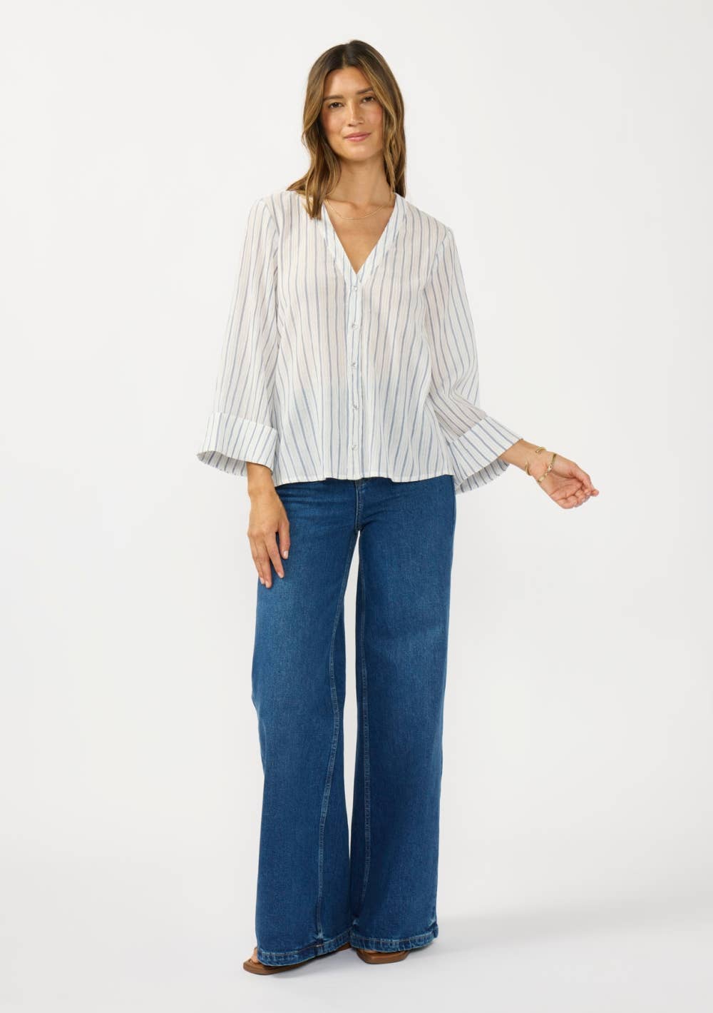 V-Neck Button Down Wide Sleeve Blouse