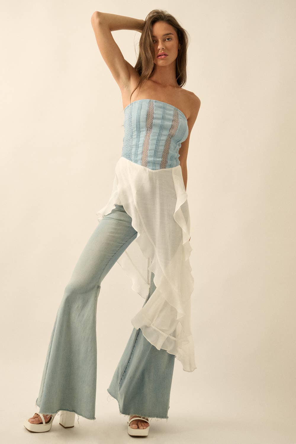 Tencel Denim &amp; Gauze Strapless Ruffled Maxi