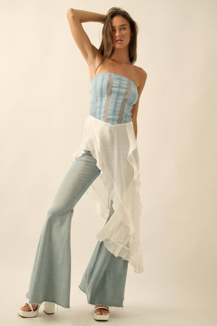 Tencel Denim &amp; Gauze Strapless Ruffled Maxi