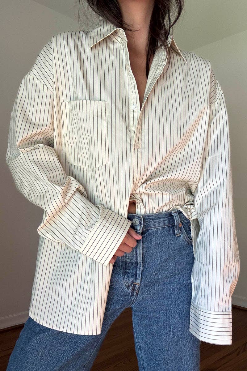 OVERSIZED PIN STRIPE BUTTON UP SHIRT