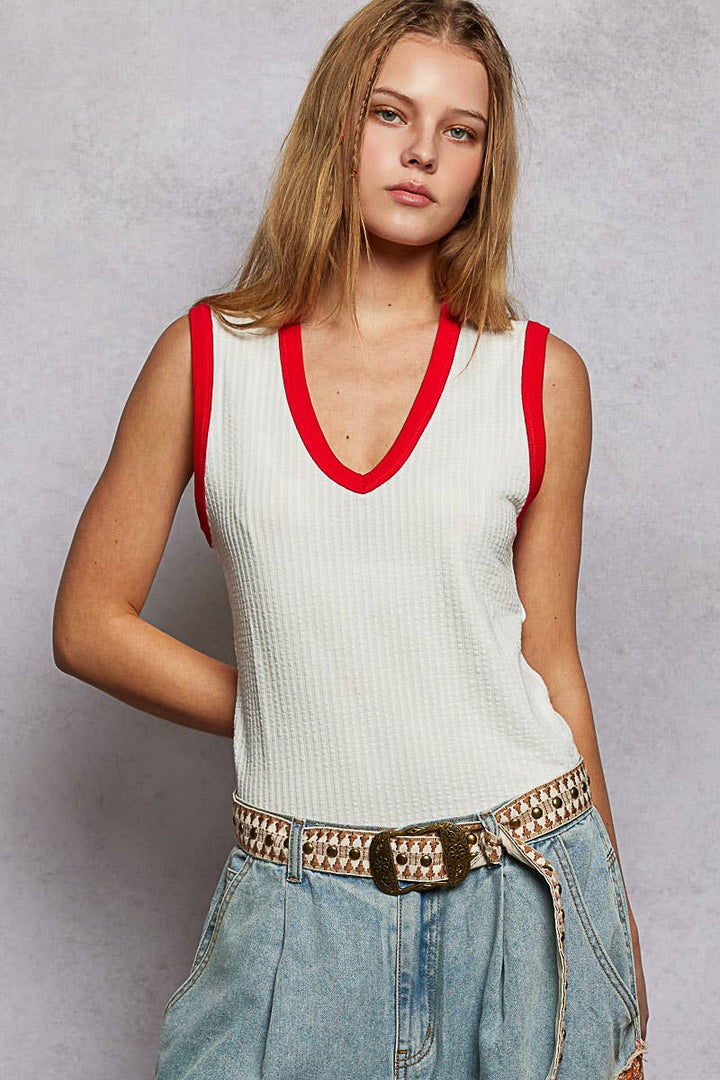 V-neck Sleeveless Contrast Rib Knit Top