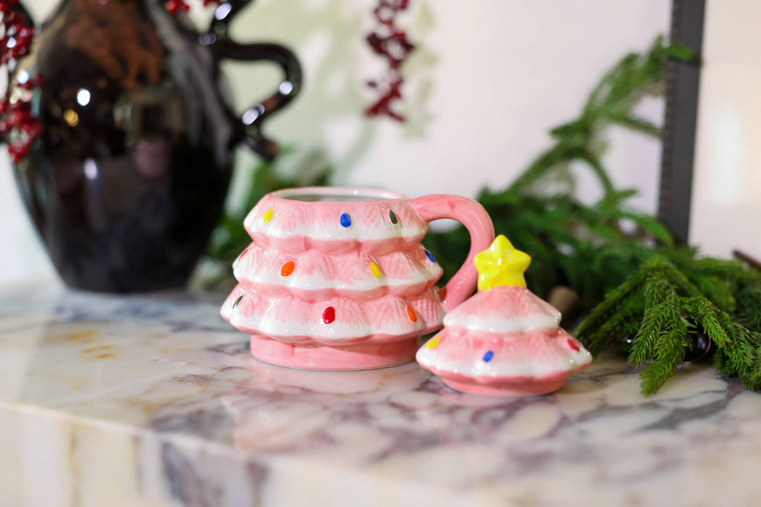 Pink Ceramic Christmas Tree Mug with Lid