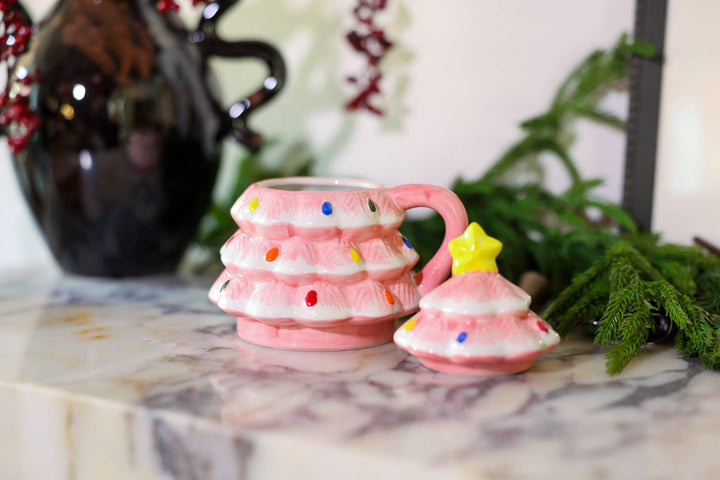 Pink Ceramic Christmas Tree Mug with Lid
