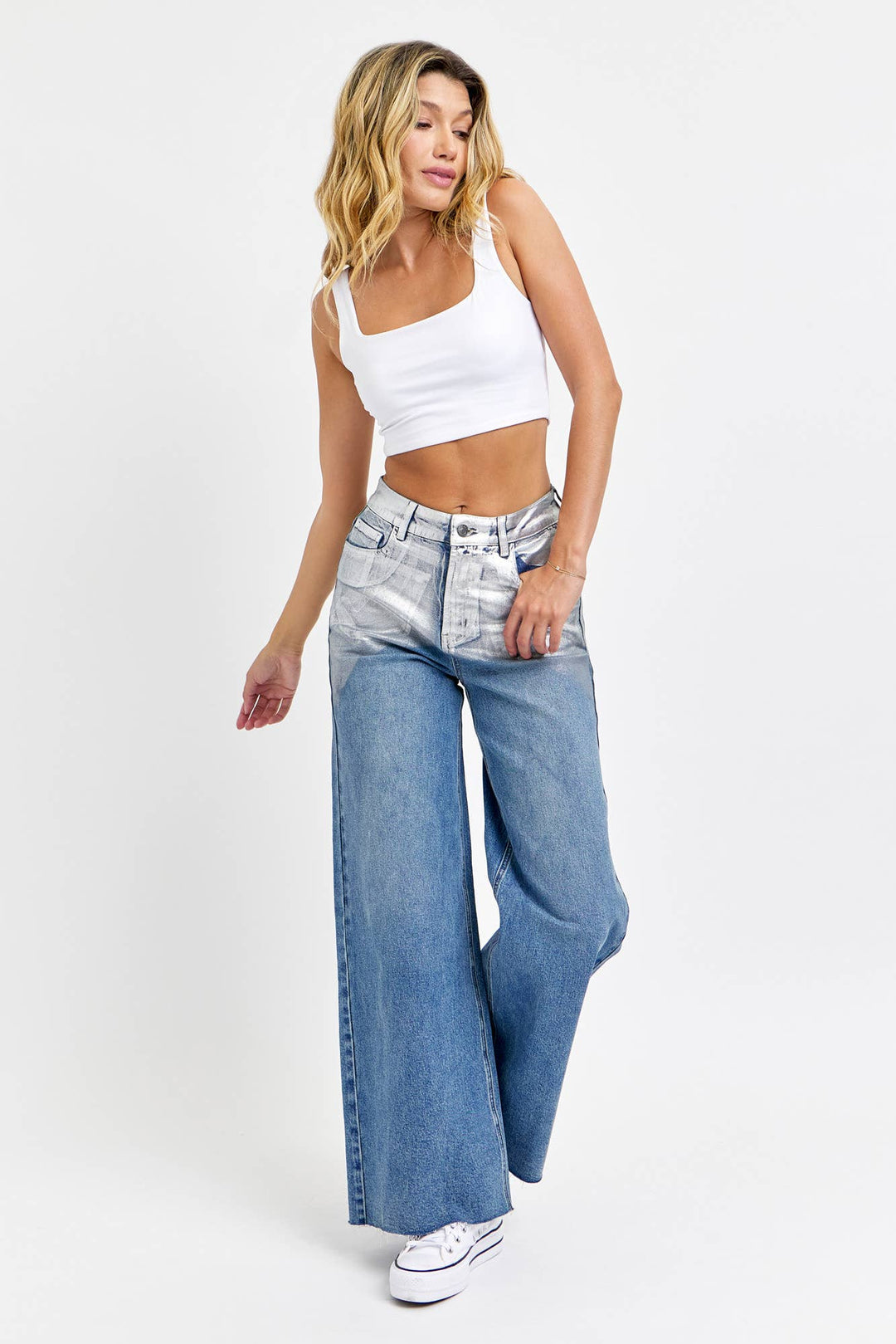 High Rise Silver Foiled Wide Leg