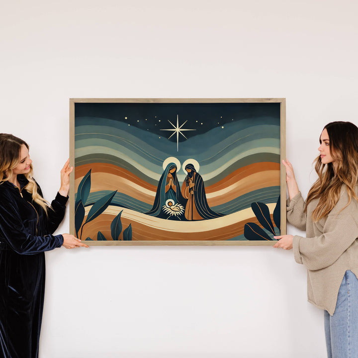 Modern Boho Christmas Nativity Rolling Hills - Nativity Art: 18x24" Large Canvas Art with Thick Wood Frame