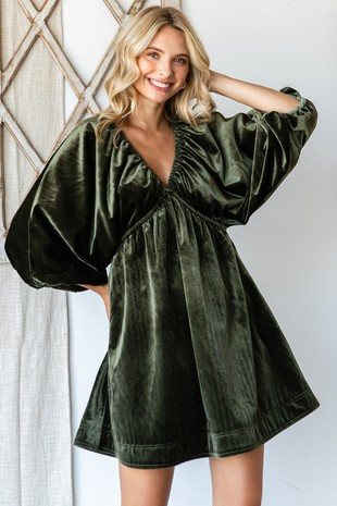 Velvet Puff V Neck Short Dress
