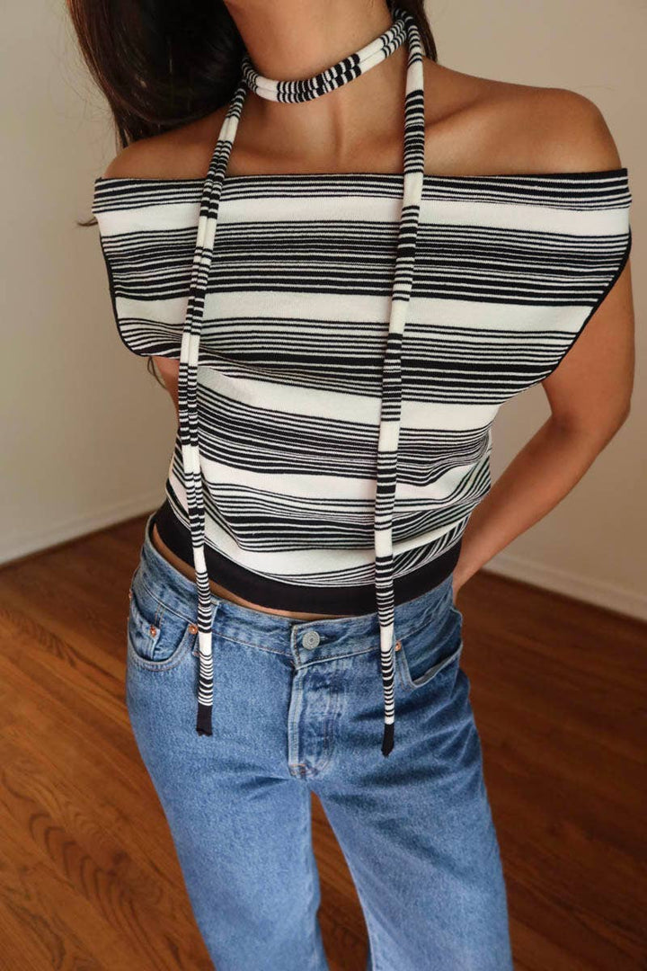 Striped Boat Neck Top W Scarf