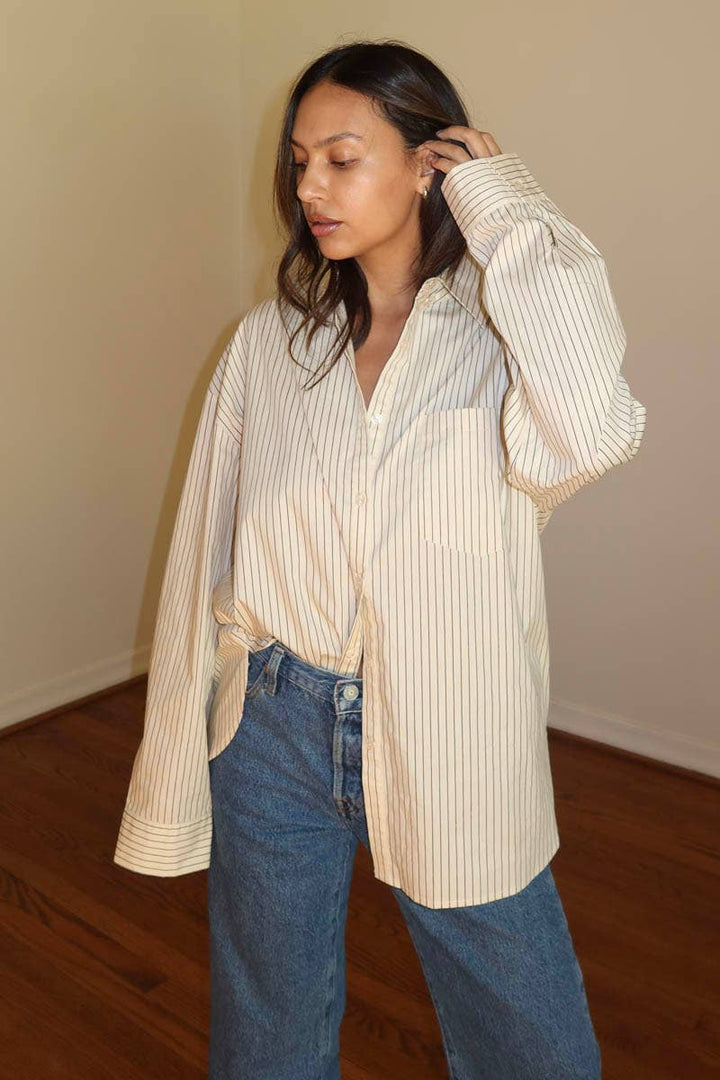 OVERSIZED PIN STRIPE BUTTON UP SHIRT