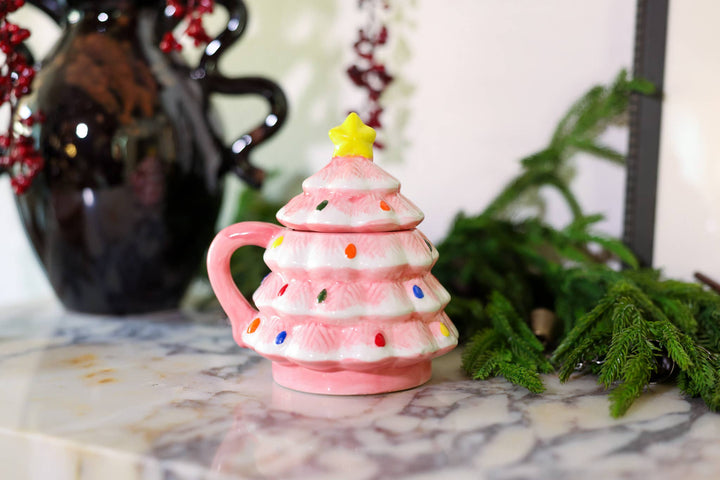 Pink Ceramic Christmas Tree Mug with Lid