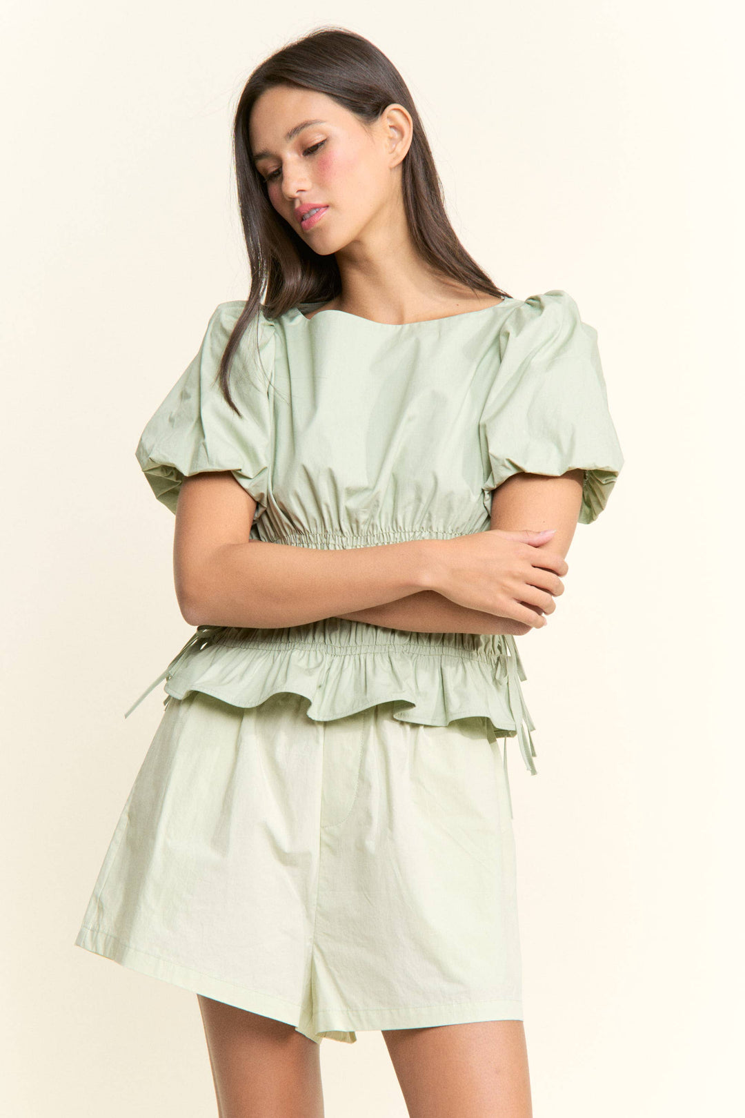 Boat Neckline Smocked Puff Sleeves Top: