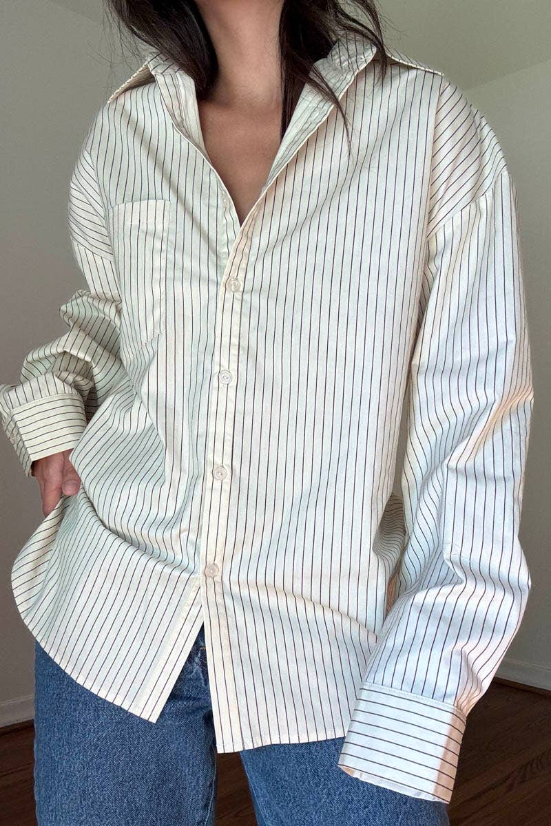 OVERSIZED PIN STRIPE BUTTON UP SHIRT