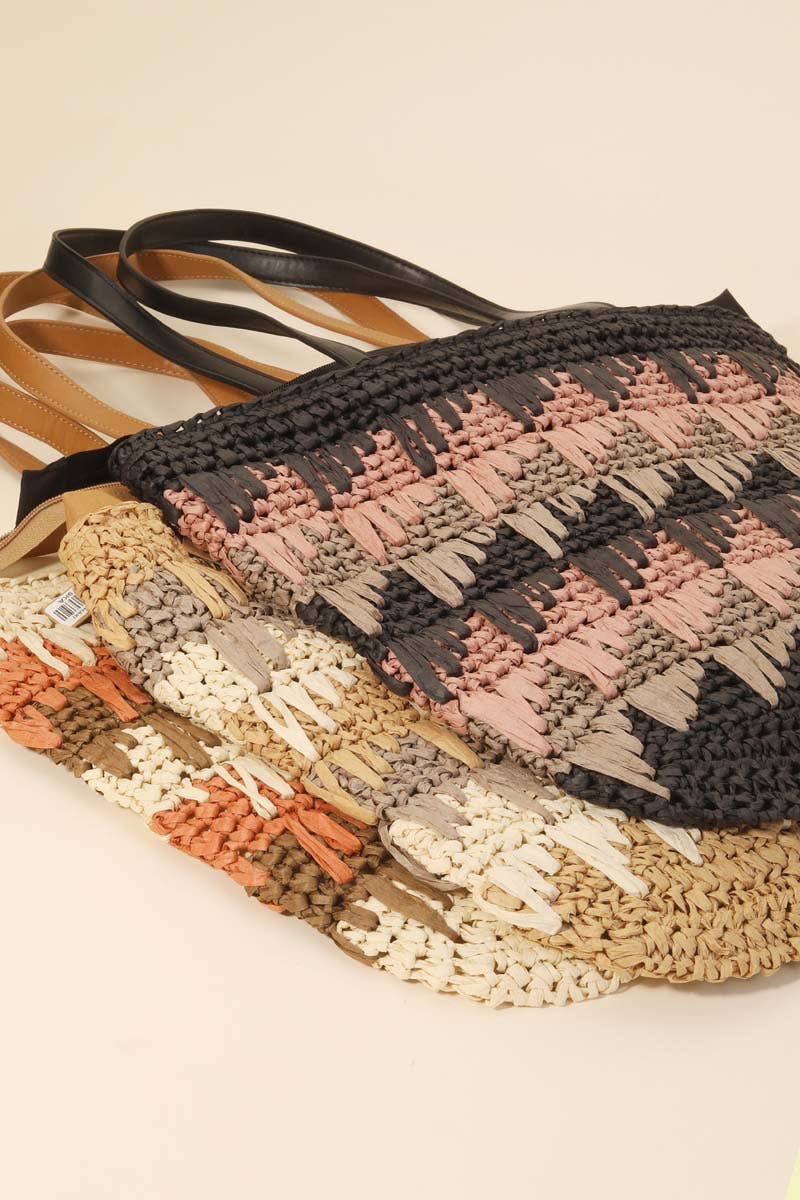 Straw Braided Striped Tote Bag