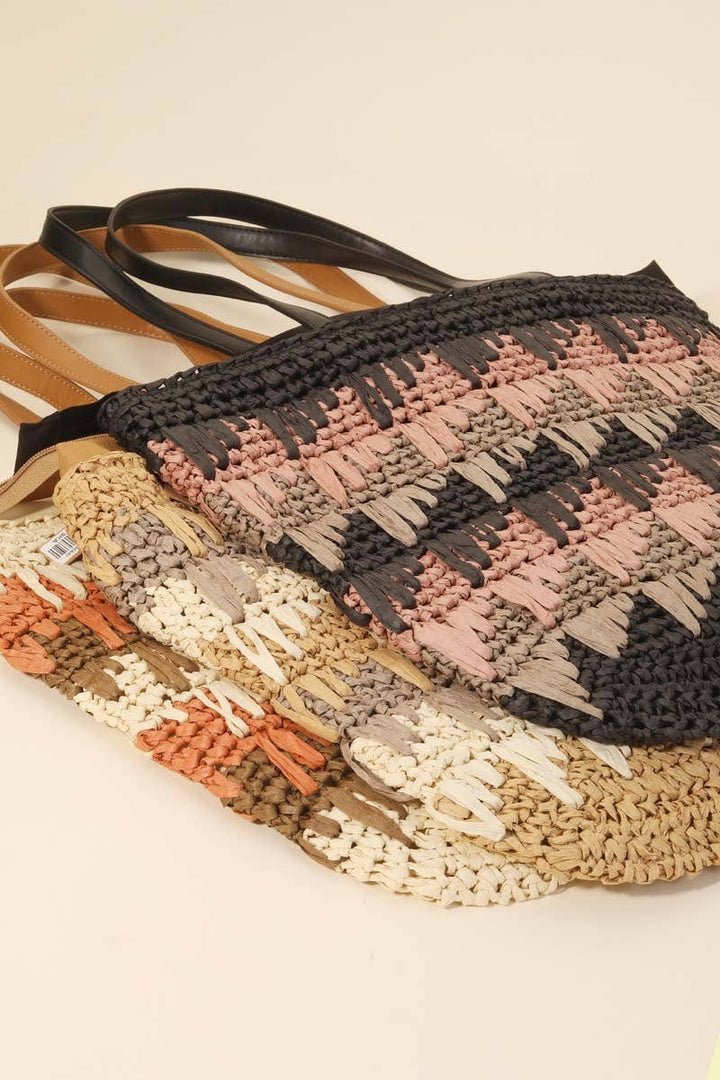 Straw Braided Striped Tote Bag