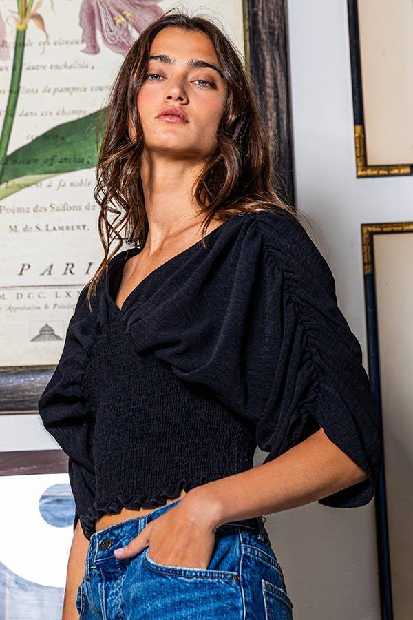 Ruched Dolman Sleeve Solid Blouse