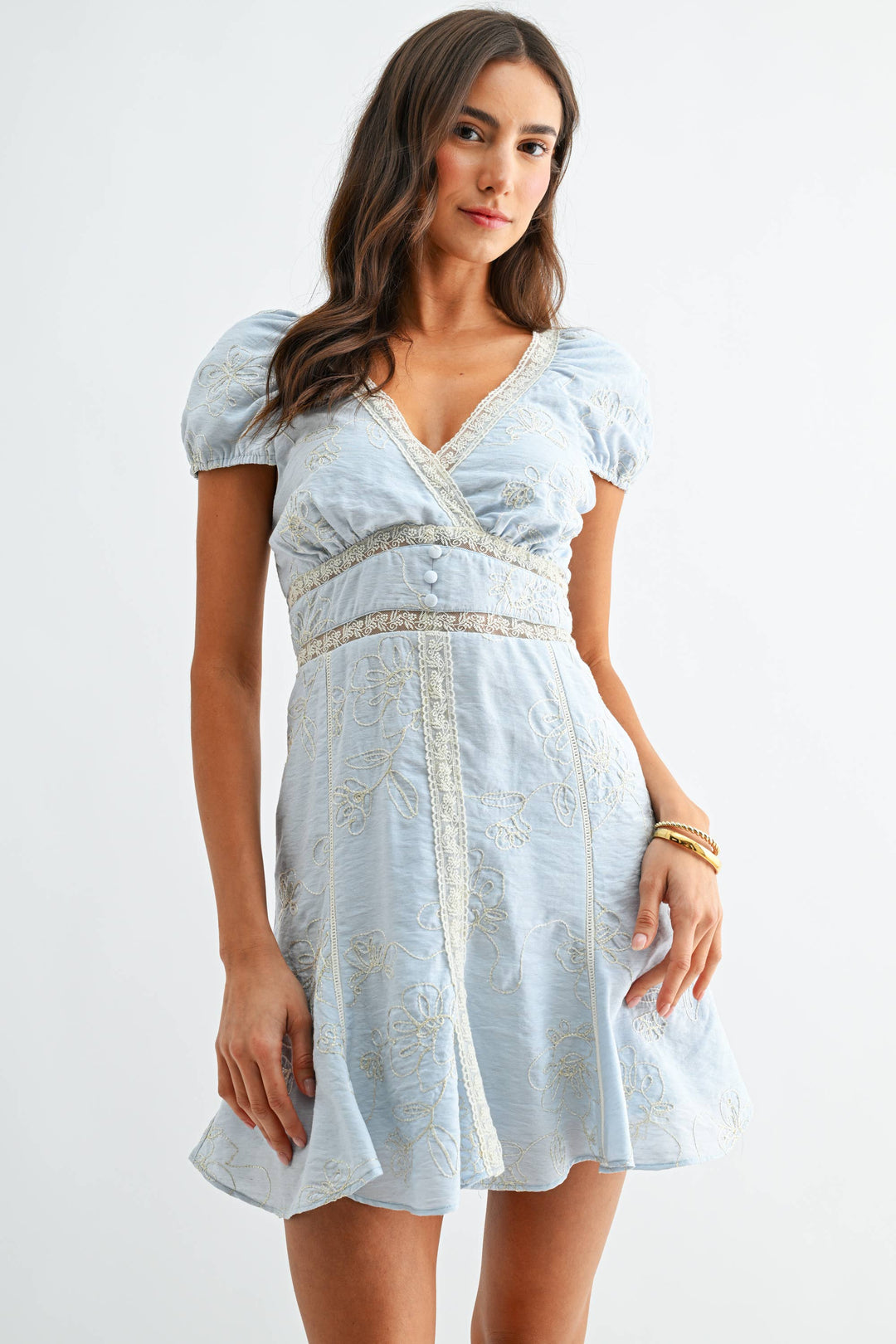 Embroidered Dress with Lace Trim