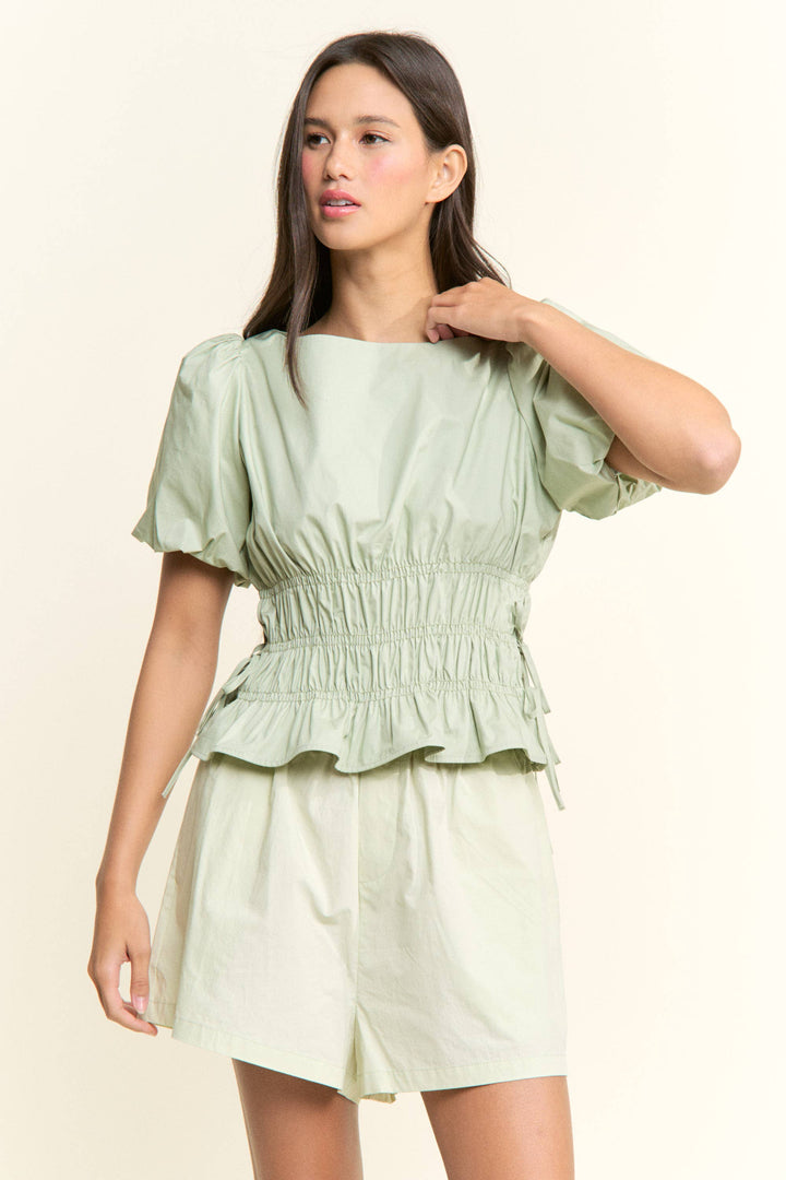 Boat Neckline Smocked Puff Sleeves Top: