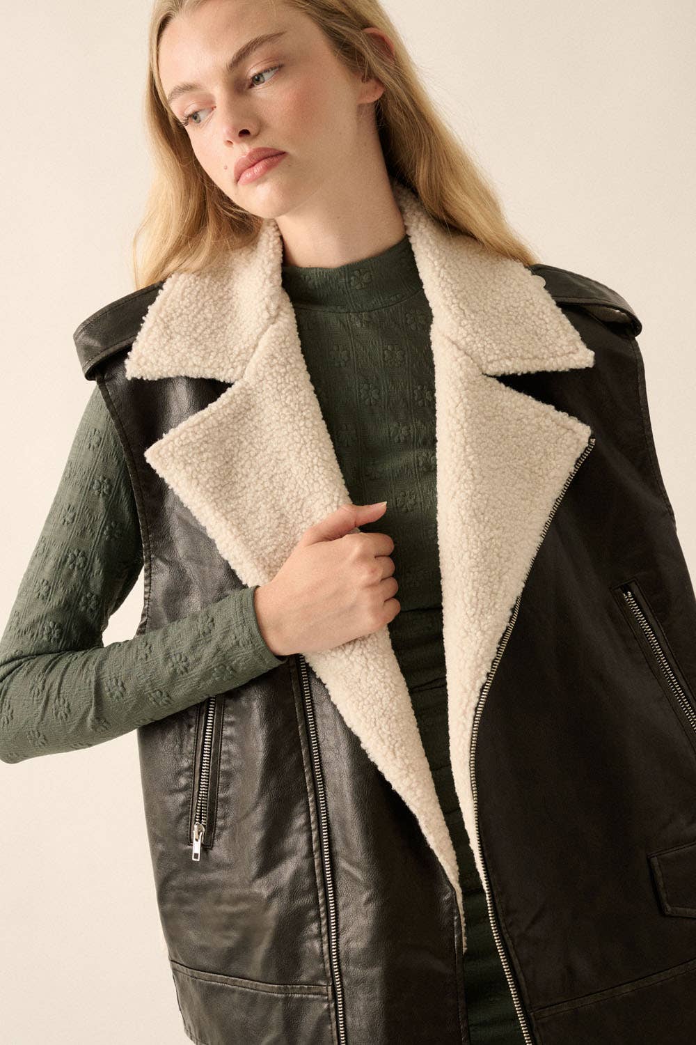 Vegan Leather &amp; Fleece Motorcycle Vest