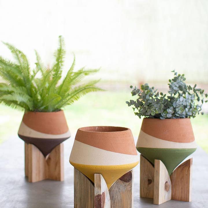 SET OF 3 Double Dipped Clay Vases On Wood Bases
