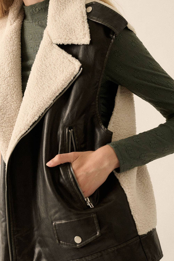 Vegan Leather &amp; Fleece Motorcycle Vest