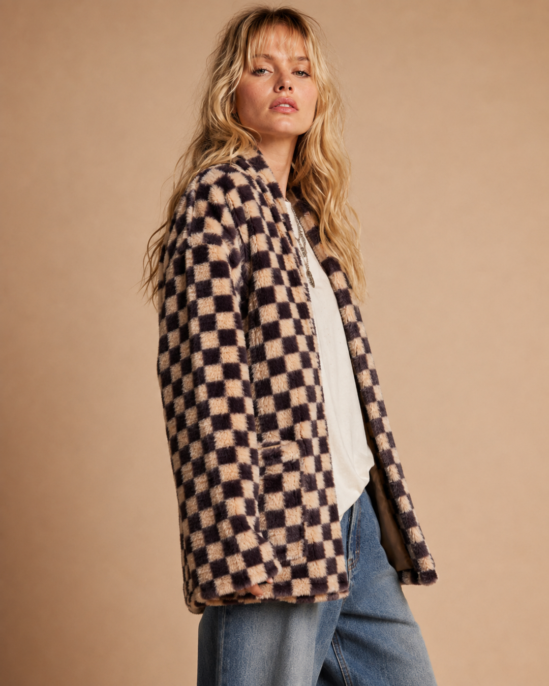 Checkmate Faux Fur Cardigan Jacket