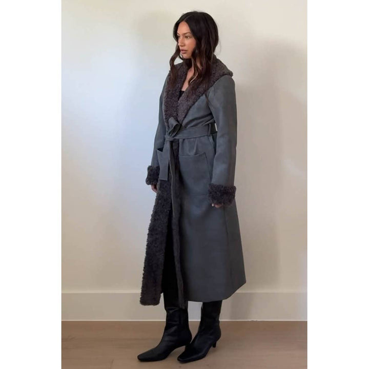 Faux Fur Trimmed Leather Coat