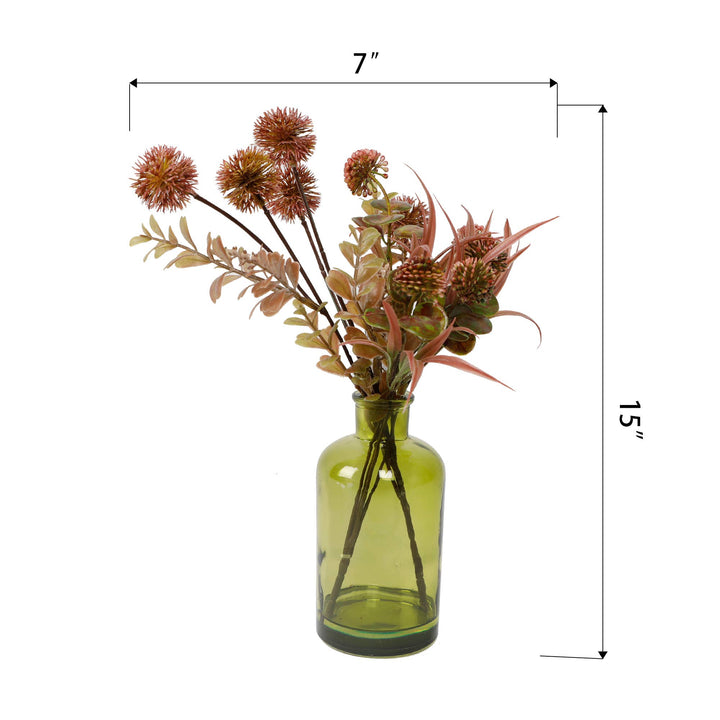 Faux Floral Arrangement in Green Glass Bottle