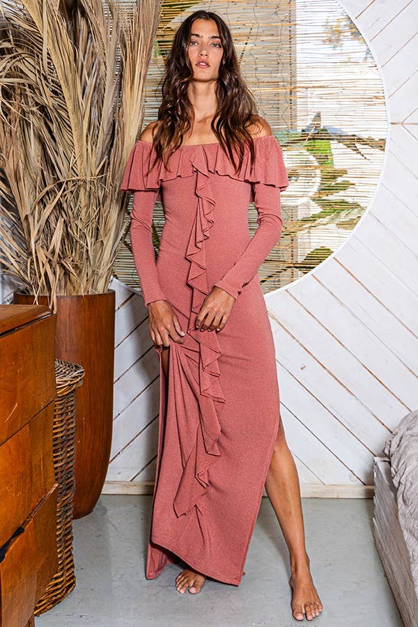 Off Shoulder Ruffle Fitted Solid Maxi Dress