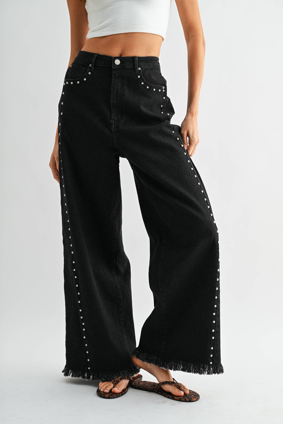 High-Waisted Black Wide-Leg Stud Jeans