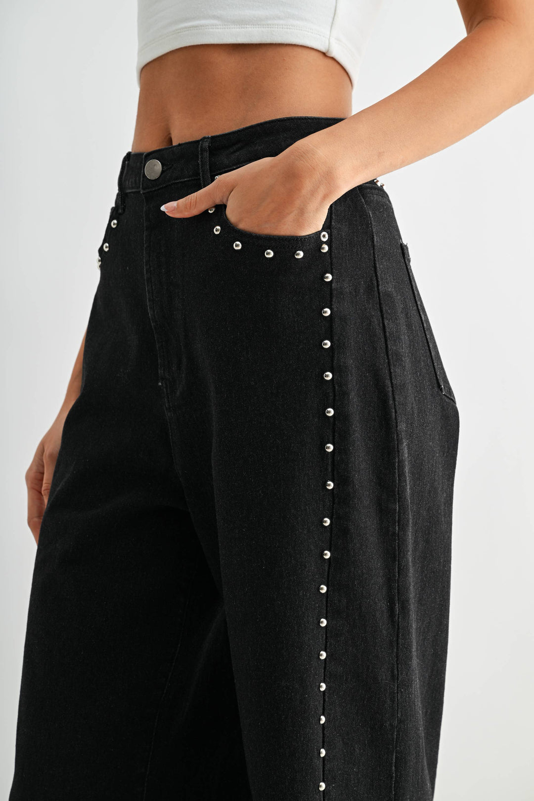 High-Waisted Black Wide-Leg Stud Jeans