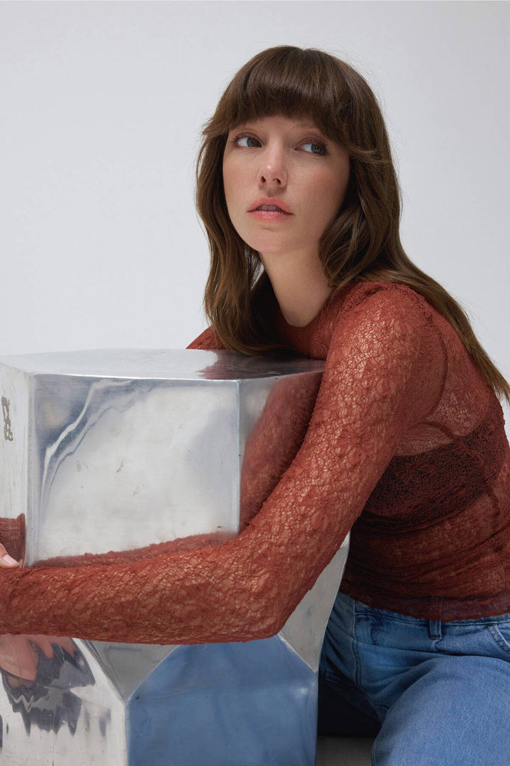 Crew neck See-through Lace Top