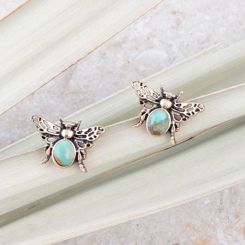 Green Turquoise Golden Honey Bee Earrings