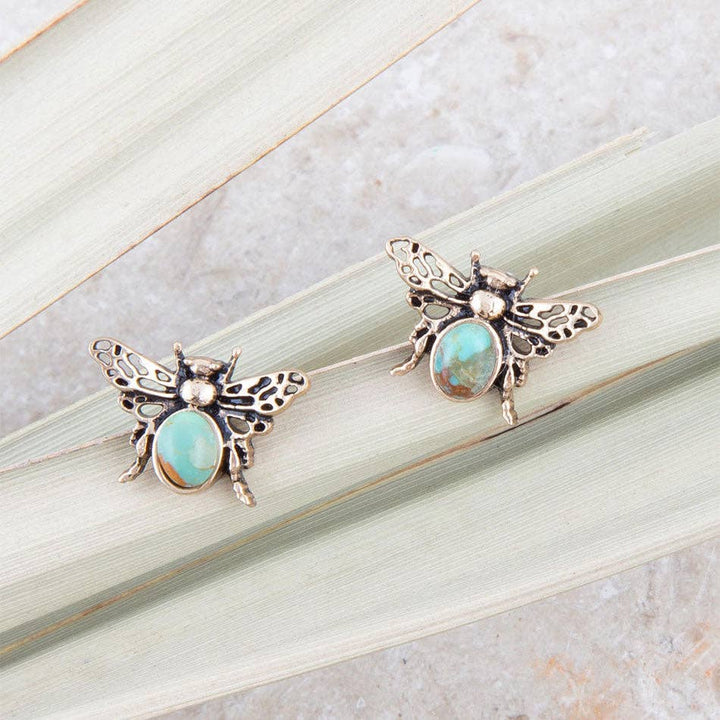 Green Turquoise Golden Honey Bee Earrings