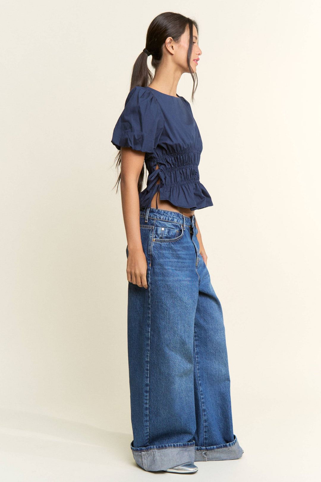 Boat Neckline Smocked Puff Sleeves Top: