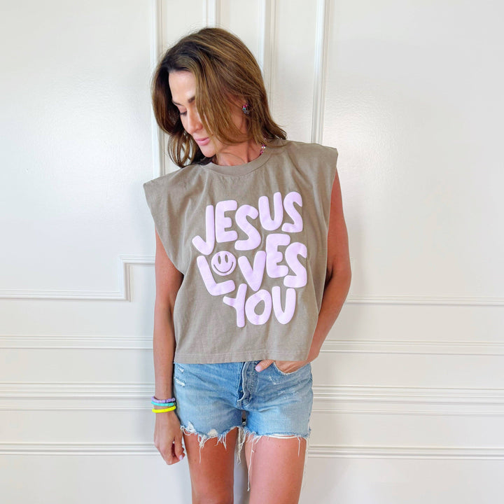 Smiley Jesus Loves You Puff Tank/Green