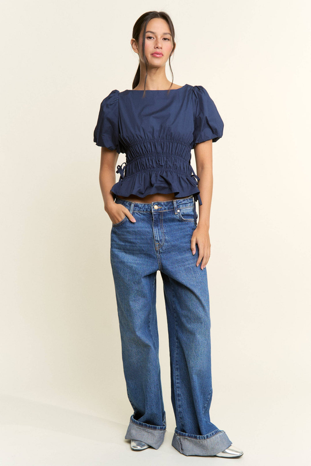 Boat Neckline Smocked Puff Sleeves Top: