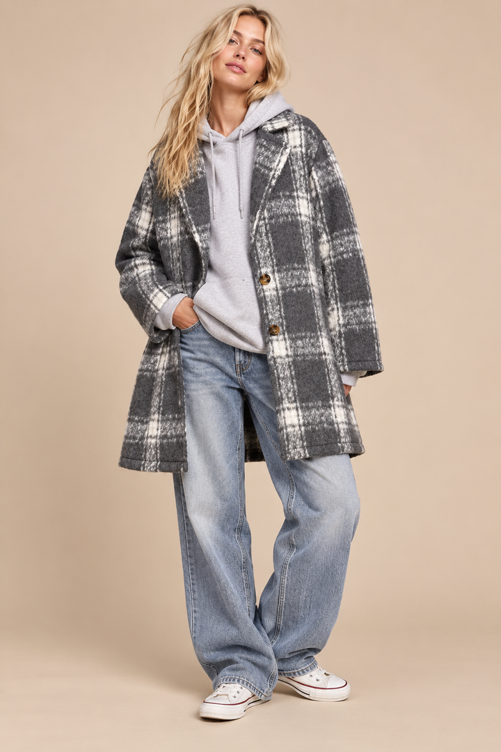Plaid Notch-Lapel Coat