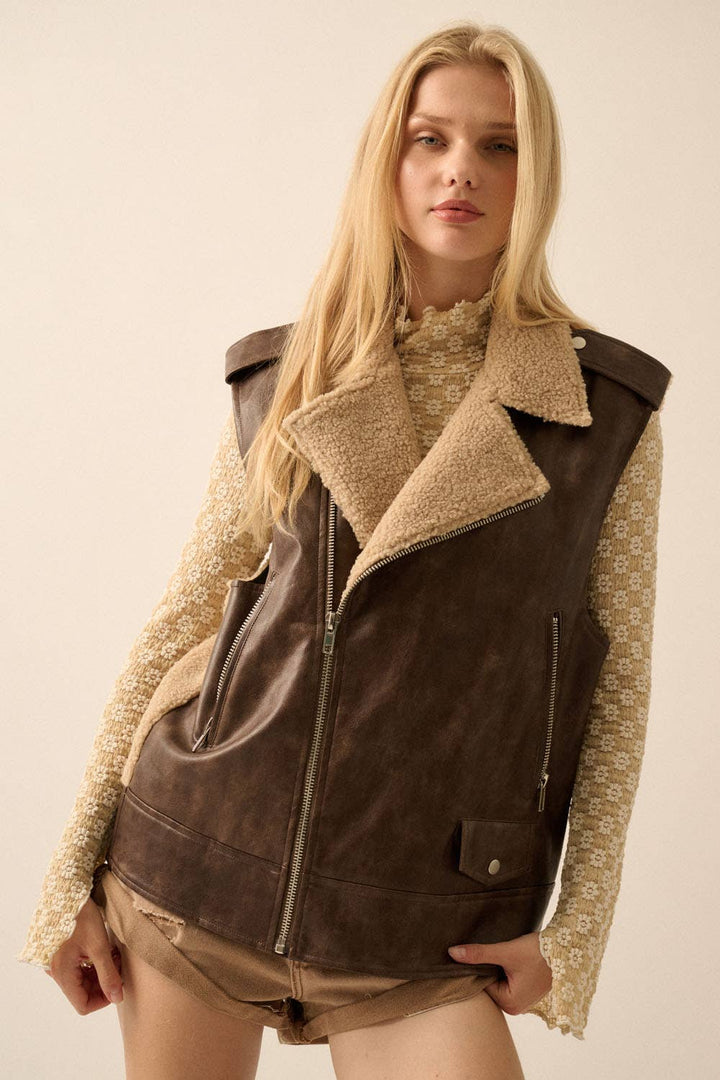Vegan Leather &amp; Fleece Motorcycle Vest