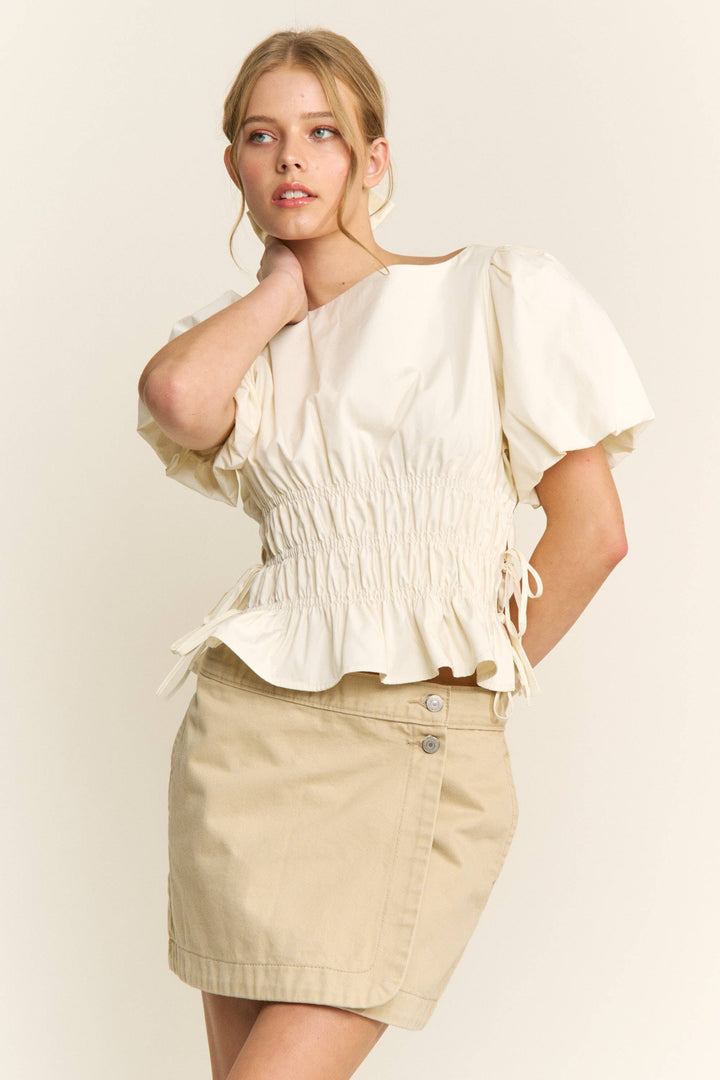 Boat Neckline Smocked Puff Sleeves Top: