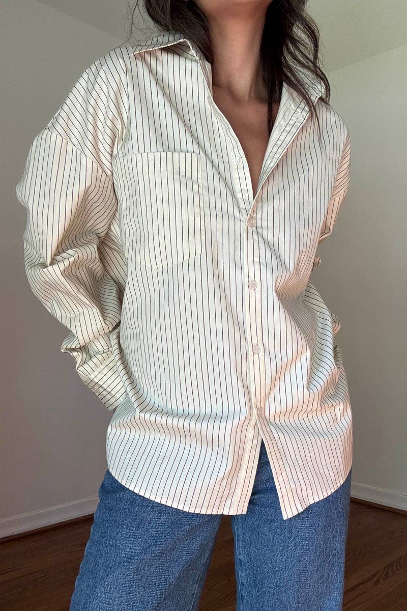 OVERSIZED PIN STRIPE BUTTON UP SHIRT