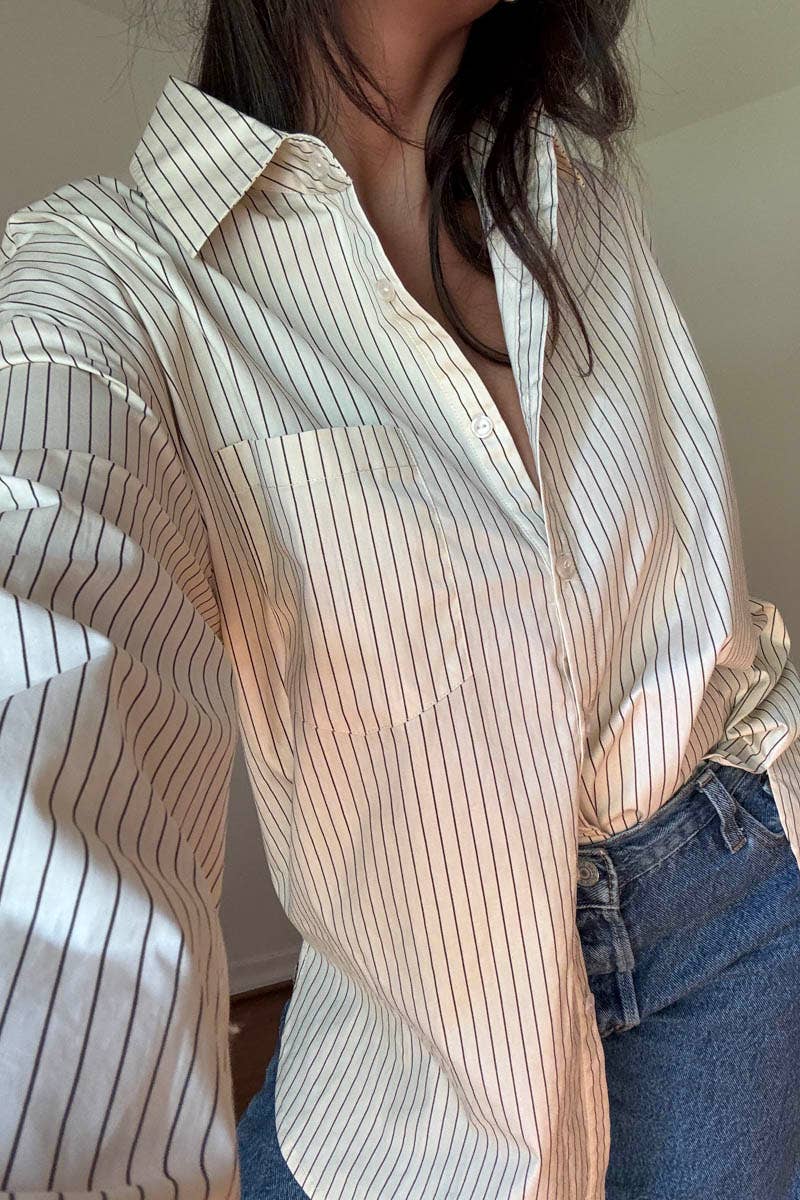 OVERSIZED PIN STRIPE BUTTON UP SHIRT