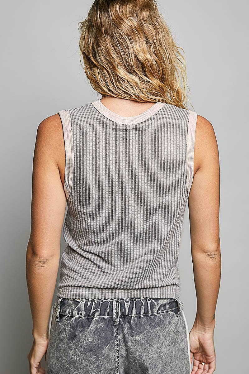V-neck Sleeveless Contrast Rib Knit Top