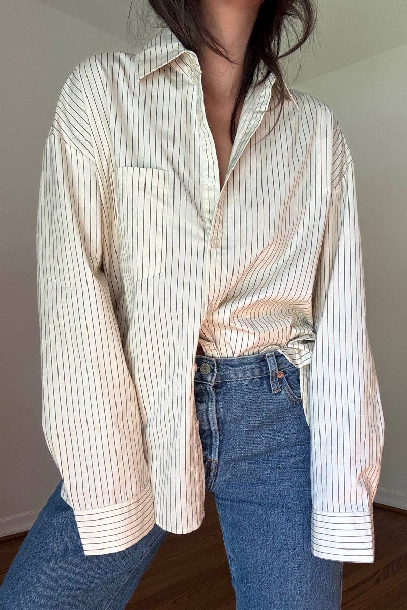 OVERSIZED PIN STRIPE BUTTON UP SHIRT
