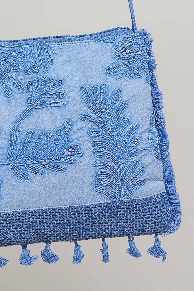 Handmade Embroidered Crossbody Denim Blue Bag: DENIM BLUE / Os