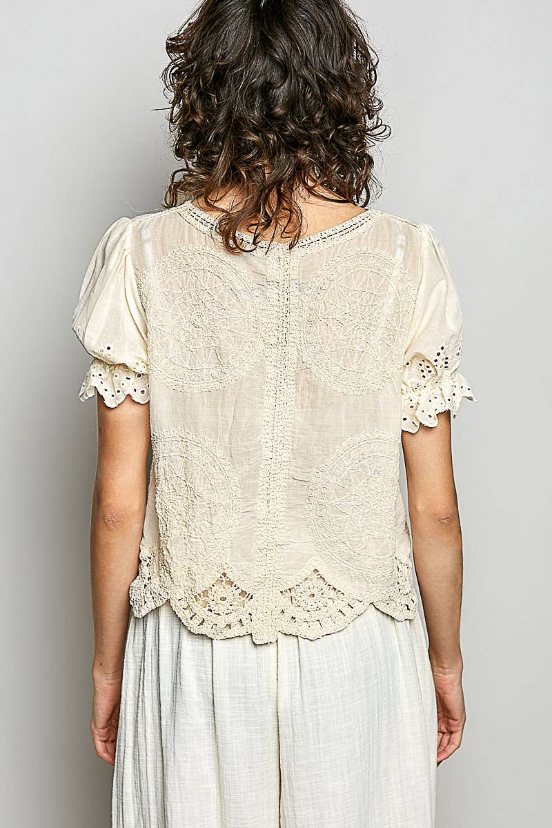 Round Neck Button Closure Crochet Top