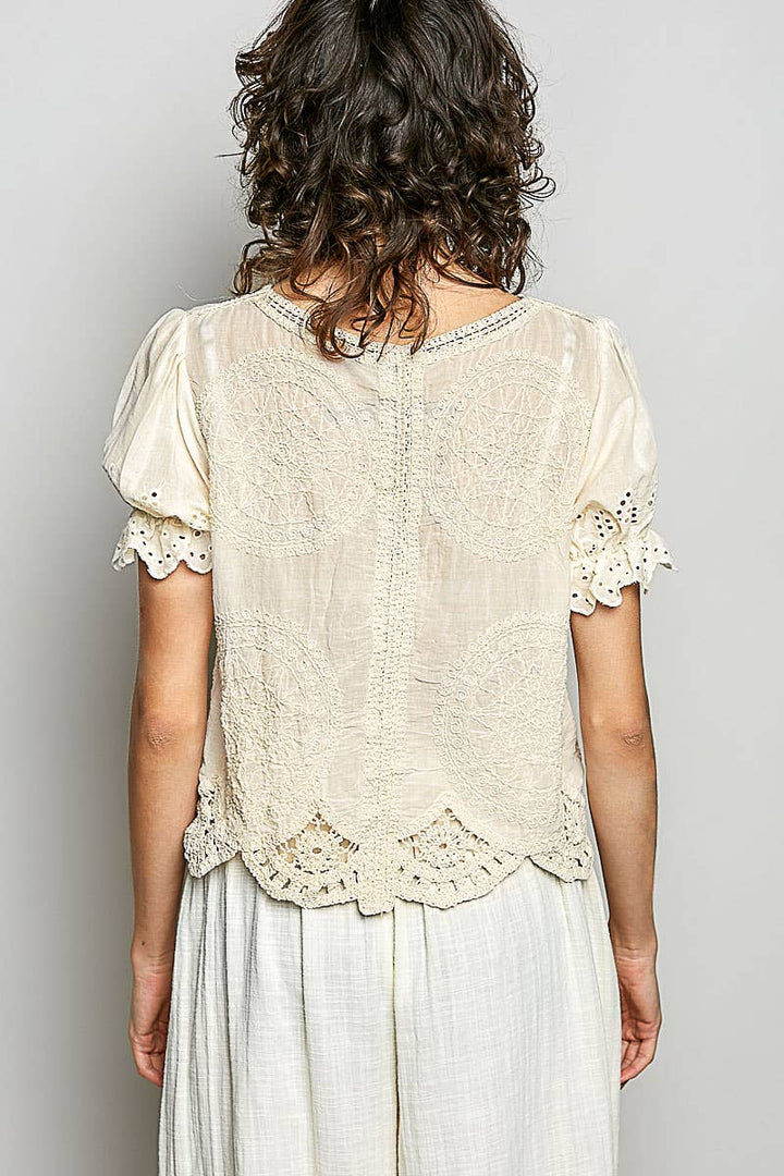 Round Neck Button Closure Crochet Top