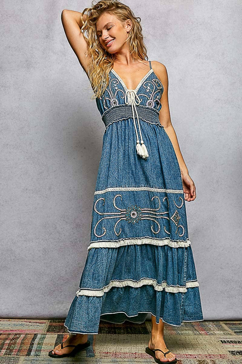 Embroidery Spangle Denim Dress