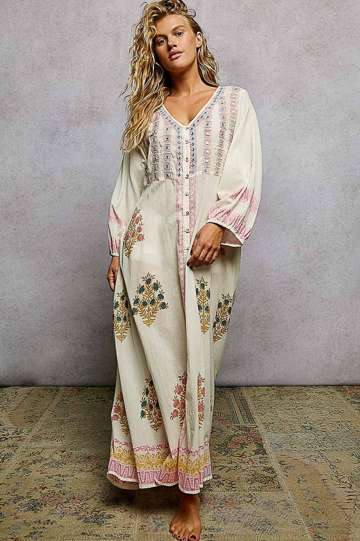 Embroidered Floral Print Maxi Dress