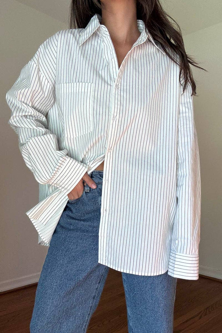 OVERSIZED PIN STRIPE BUTTON UP SHIRT