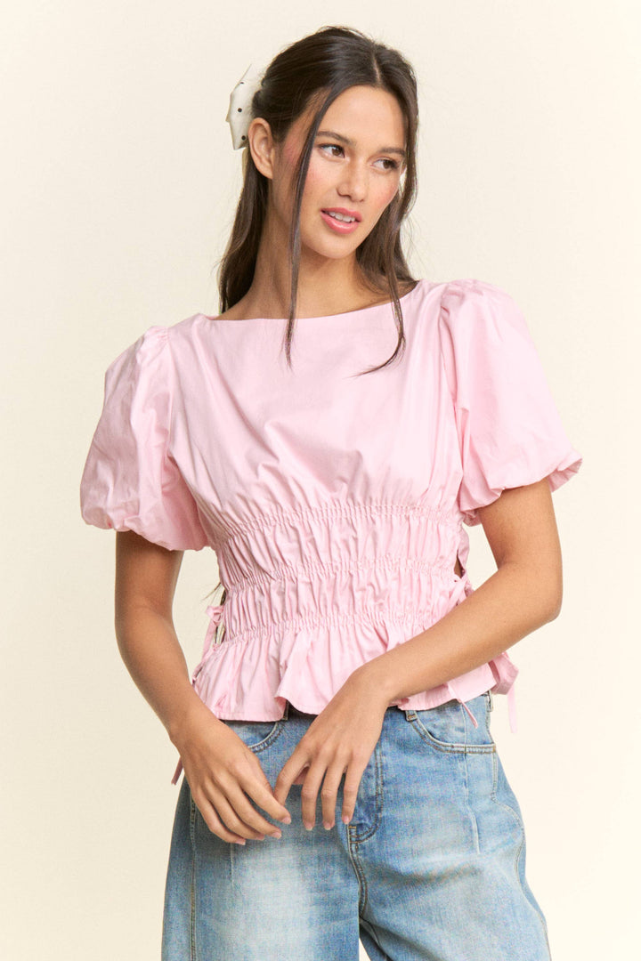 Boat Neckline Smocked Puff Sleeves Top: