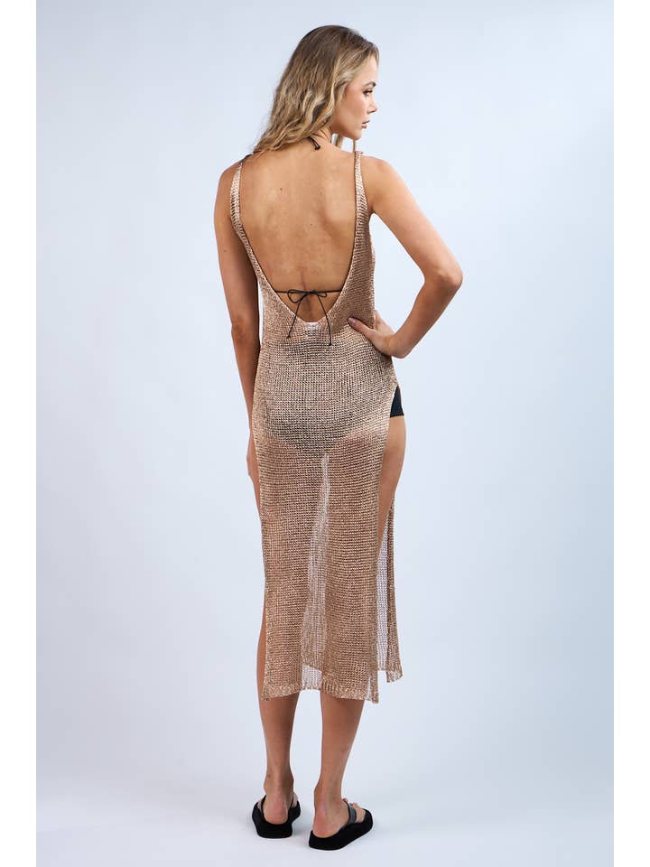 Golden Mesh Knit Slit Midi Dress